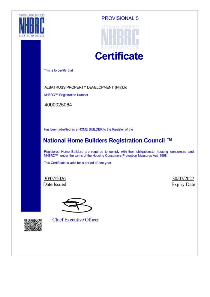 NHBRC registration certificate for Albatross Property Development (Pty) Ltd